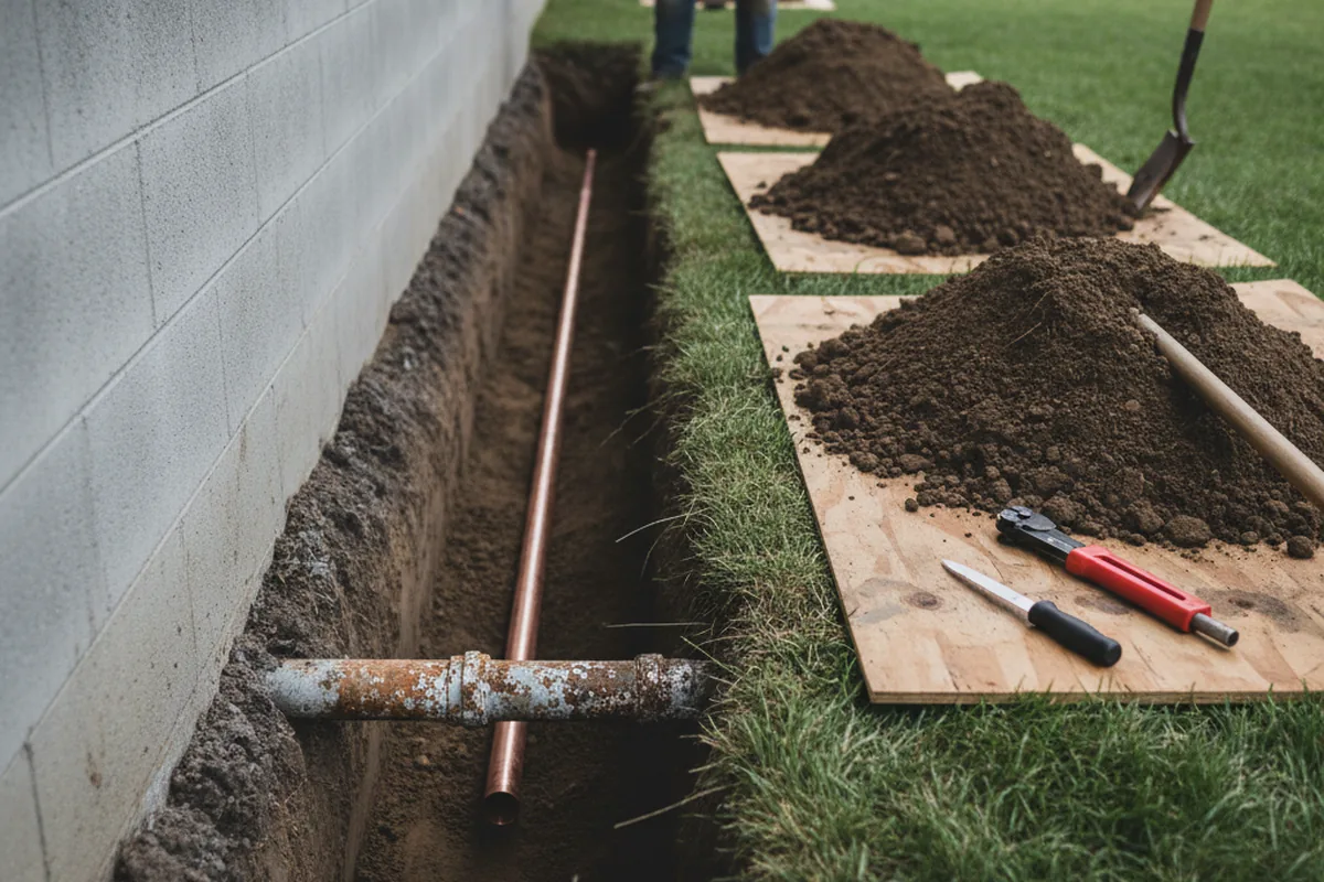Excavated water line trench during Water Softener Installation in Island Lake